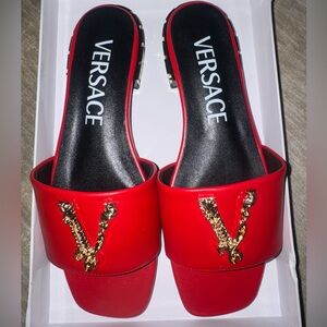 Versace Red Slide Mules with Gold V Emblem